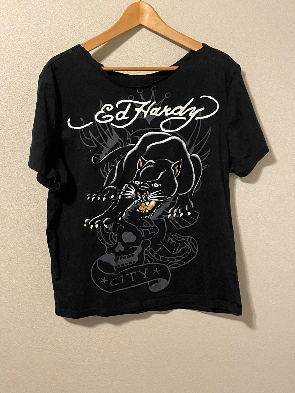 Ed Hardy Shirt Mens Large Black Panther Skull Tattoo Graphic City Designs READ